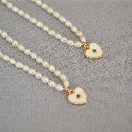 Danshui rice grain pearl inlaid mother shell zircon Love Pendant collarbone chain short necklace simple temperament woman