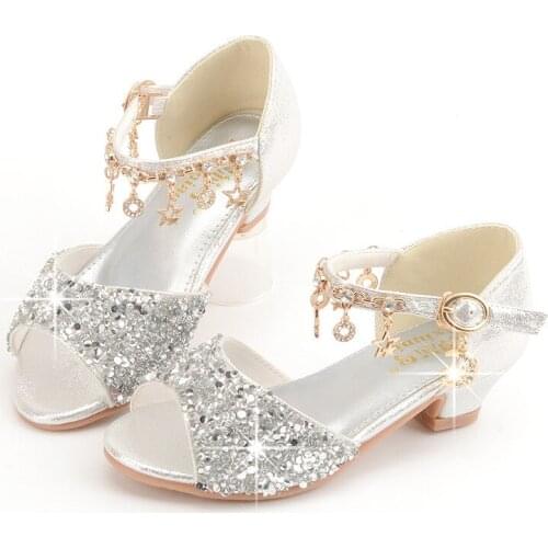 Children Sandals for Girls Big Teenagers Kids Party Wedding Sandals Summer Shoes Rhinestone Crystal Pendant Glitter Leather Soft