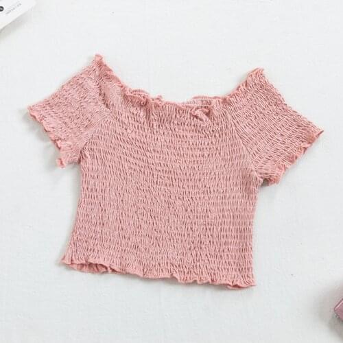 Heliar Summer Pleated Sexy Tees Women Ruffle Striped Crop Top Cute Off Shoulder Pleated Slim Sexy T-shirts Elastic Tops