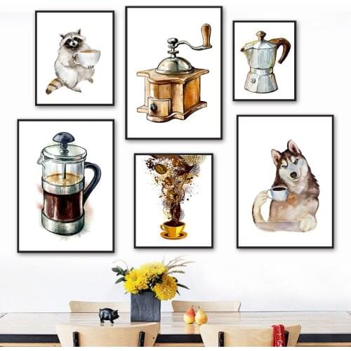 Raccoon Dog Coffee Machine Cup Watercolor Wall Art Canvas Painting Nordic Posters And Prints Wall Pictures For Living Room Decor