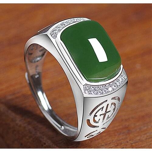 Fashion Carving Green Jade Emerald Gemstones Diamonds Rings for Men White Gold Silver Color Bague Jewelry Bijoux Gifts Accessory