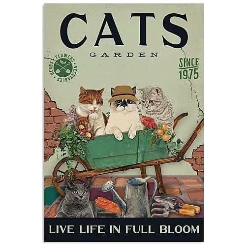 Cats Metal Tin Signs Garden Live Life Full Bloom Wall Decor Plaque Farm Bathroom Living Bar Cafe Kitchen Farmhouse Decoration