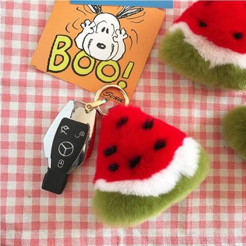 Cute Real Rex Rabbit Fur Watermelo Pendant Keychain Fluffy Toys Key Ring Women Bag Ornament Luxury Jewelry Gifts Wholesale