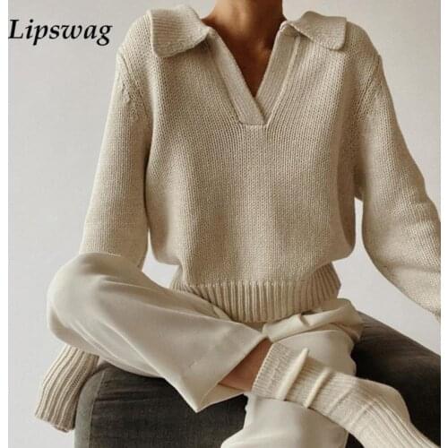 Fashion Solid Loose Winter Knitted Sweater Women Lapel Casual Simple Jumper Lady New Autumn Long Sleeve Pullover Tops Streetwear