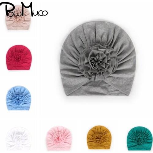 Powmuco Solid Color Monolayer Cotton Baby Girl Hat Fashion Handmade Folded Flower Infant Cap Kids Knitted Headwear Birthday Gift