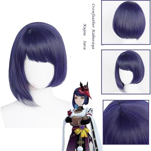 Genshin Impact Kujou Sara Cosplay Wig Crowfeather Kaburaya Cosplay Short Dark Blue Gray Girls Hair Inazuma + Wig Cap Accessories