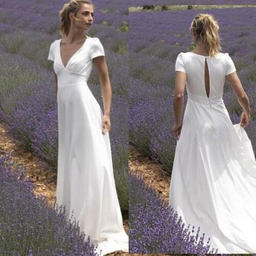 Simple Beach Wedding Dress Floor Length Boho Vintage Civil Bridal Gown Cheap V-Neck A-Line Robe De Mariee Short Sleeve Elegant