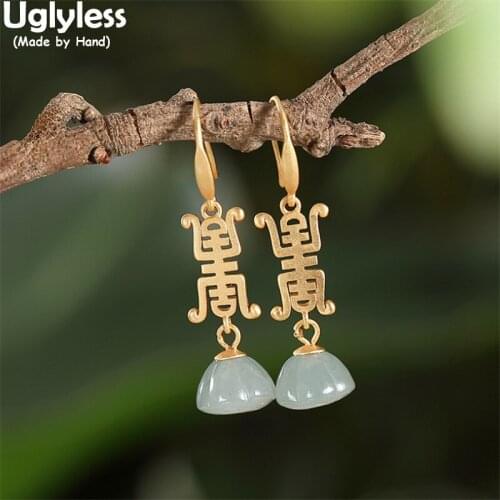 Uglyless Chinese Character Wan Longevity China Cultural Jewelry for Women Nature Jadeite Lotus Earrings 925 Silver Studs Earring