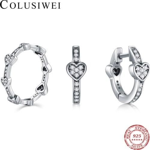 2019 Female Fashion LOVE Hearts Finger Ring Real 925 Sterling Silver Jewelry Sets Simple Hoop Earrings For Women Party Present
