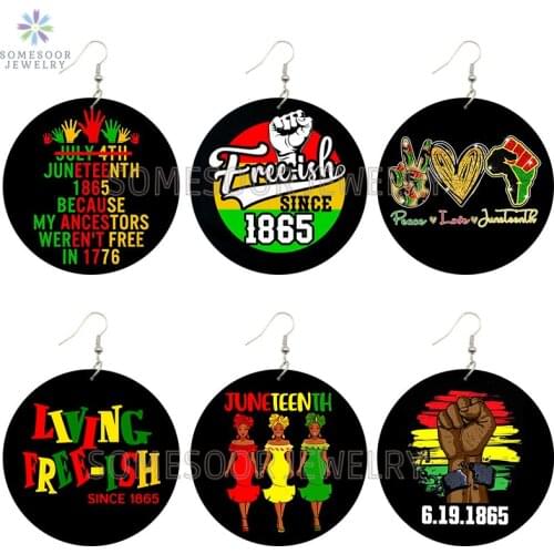 SOMESOOR Love Juneteenth Powerful Wooden Drop Earrings 1865 Black Ancestorys Free-Ish Africa Loops Dangle Jewelry For Women Gift