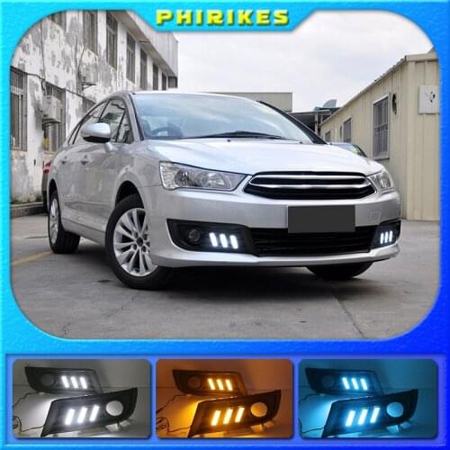 LED DRL daytime running light+Front fog light For Citroen C-Quatre 2012-2018 with Dynamic moving yellow turn signal