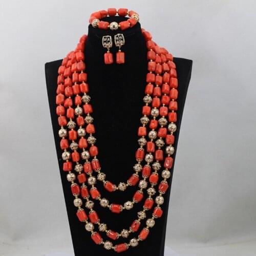 Splendid 4 Layers Nigerian Coral Beads Necklace Jewelry 25inches Long Necklace Coral Bridal Jewellery Set Free Shipping CNR636