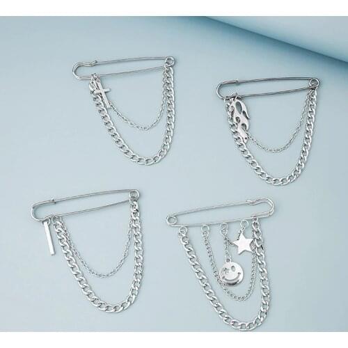 Vintage Punk Men Suit Shirt Collar Tassel Chain Lapel Pin Brooch Silver Color Korean Cross Star Flame Creative Brooch Gift