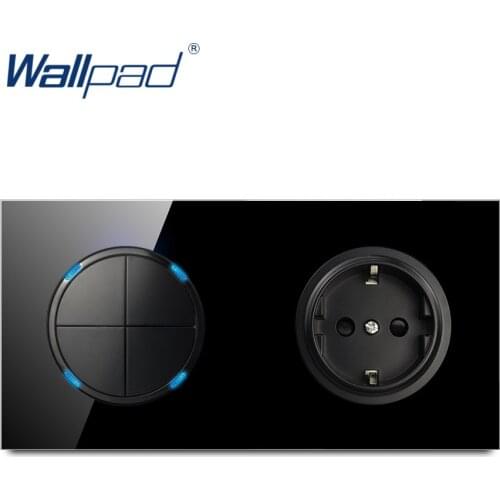Wallpad L6 Black Tempered Glass 4 Gang 1 Way 2 Way Switch With EU Wall Socket Electrical 16A Round Design
