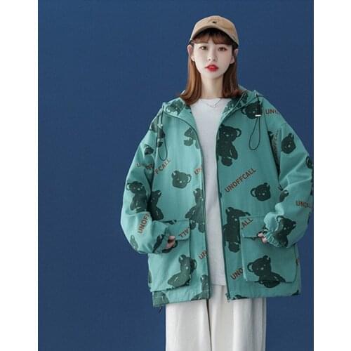 Women Jacket Spring and Autumn Womens Coat Casual Loose Jacket Women Hooded Cartoon Street Hip Hop Bomber Jacket 2021 Korean