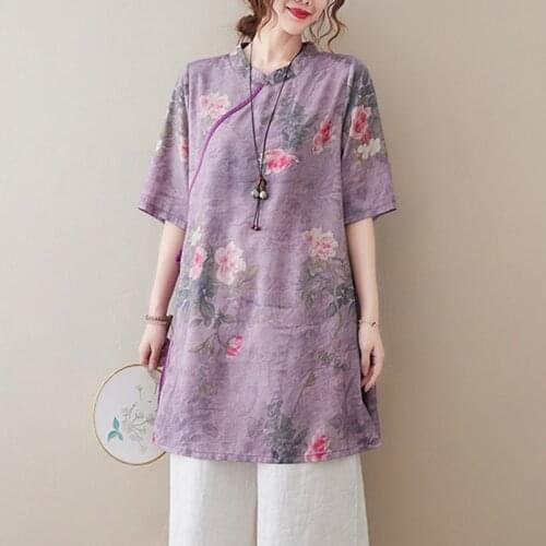 Women Summer Cotton Linen Long Shirts New Arrival 2021 Chinese Style Vintage Floral Print Loose Female Casual Tops B174