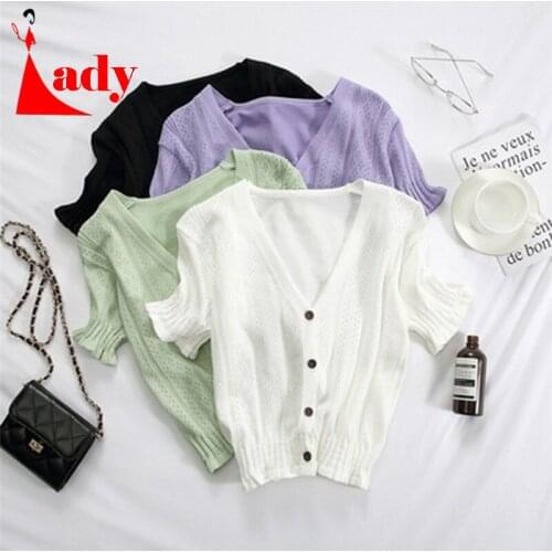 T-shirts Women V-Neck Button Up Tees Short Sleeve Casual T-shirts Knitted Cadigans Crop Tops For Women 2021 Summer Tee