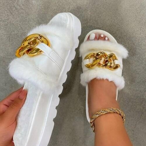 Women Furry Fashion Flip Flops Sandals Shoes Women Flat Platform Chain Detail Chunky Sole Casual Gladiator Buckle Sandals Shoes