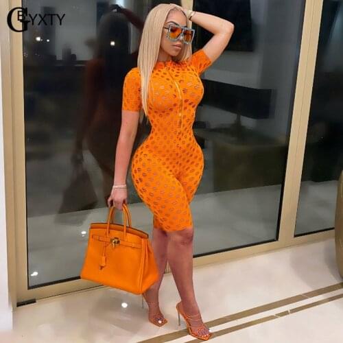 GBYXTY Sexy Hollow Out Front Zipper Skinny Playsuit and Rompers 2021 Summer Women Short Sleeve Sport Biker Short Jumpsuit ZL1132