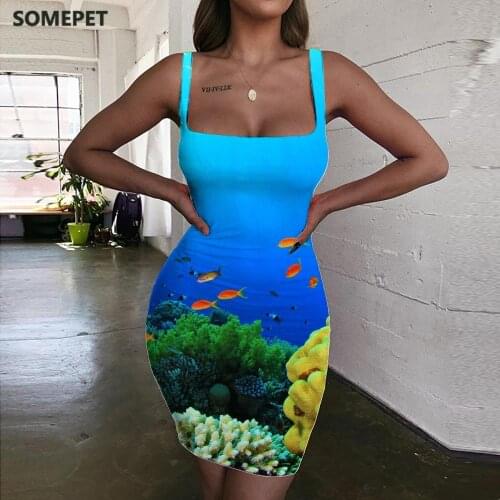 SOMEPET Fish Dresses Women Animal Sundress Coral Vestido Sexy Ocean 3d Print Womens Clothing Mini Evening New Beach High Quality