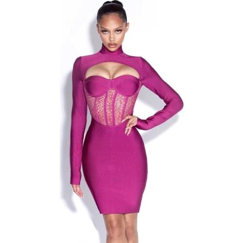 New Arrival Ladies HL Bandage Dress Long Sleeve Keyhole Sexy Bodycon Mini Dress Red Carpet Dress Wholesale