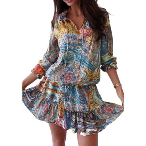 New Summer Women Dress Vintage Print Ruffled Hem Long Sleeve V Neck Lace-up A-Line Casual Dresses Beach Party