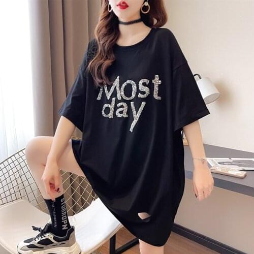 #0707 Black White Yellow Women T Shirt With Sequins Letters O Neck Long T-shirt Female Holes Korean Style Womens Tee Shirts Tide