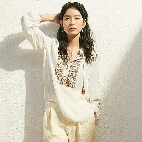 100% Silk Blouse Women Shirt Casual Style Embroidery 2 Colors Stand Neck Long Sleeve Enlgant Top New Fashion