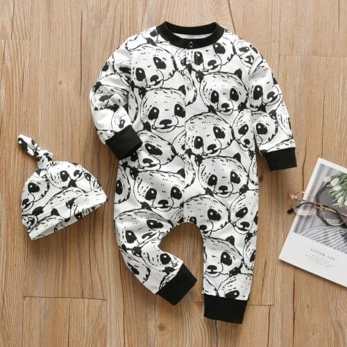 Infant Baby Boy Rompers Clothing Cartoon Panda Patter Long Sleeve Jumpsuit+Hat 2Pcs Toddler Outfits Set Newborn Baby Clothes