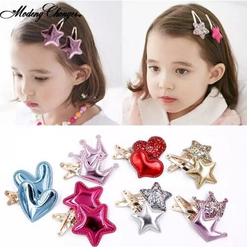 2 Pcs Fashion BB Clips Princess Headwear Barrettes Hair Holder Girls Cute Shine Heart Crown Star Hairpins Kids Hair Accessories
