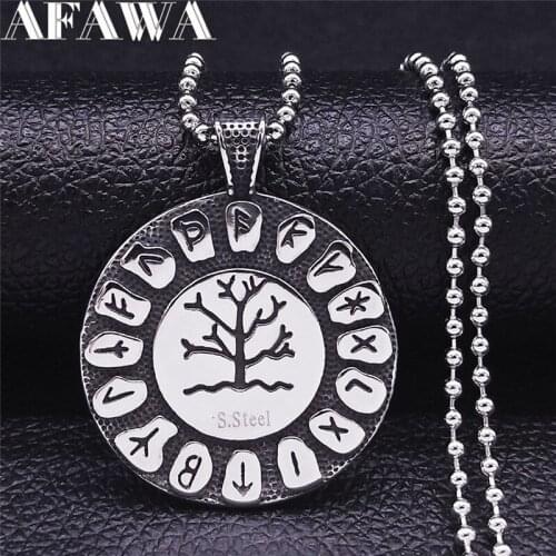 2021 Rune Alphabet Viking Tree of Life Stainless Steel Long Necklace for Men/Women Silver Color Round Jewelry collares NZZ183S02