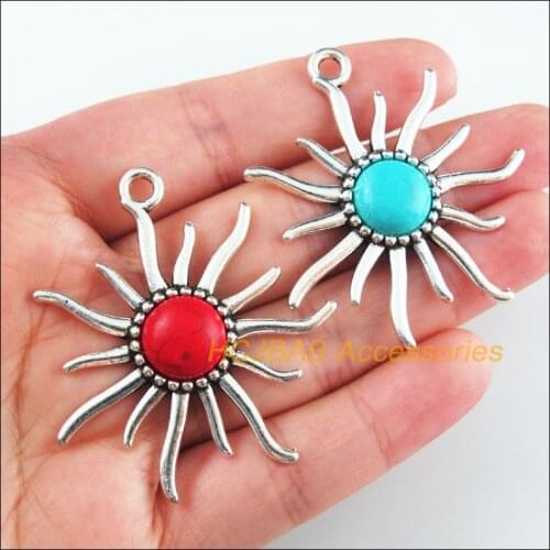4Pcs Retro Tibetan Silver Tone Sun Flower Blue&Red Stone Charms Pendants 41x50mm