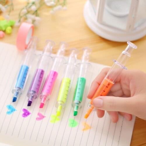 6PCS Cute New Fluorescent Simulation Syringe Watercolor Pens Highlighters Marker Pen Korean Stationery School Supplies