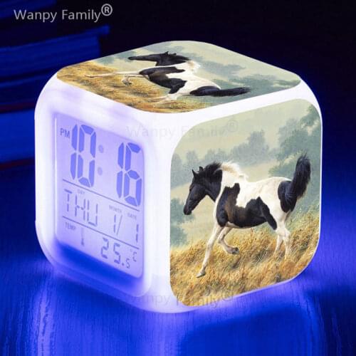 New Listing Horse Alarm Clock 7 Color Glowing LED Big Screen Multifunction Digital Alarm Clock Presented Kids Birthday Gift