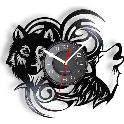 Howling Wolf Decorative Vinyl LP Record Wall Clock Wolfkin Wild Animal Wall Watch With LED Backlight Silent Retro Art-Wall Decor