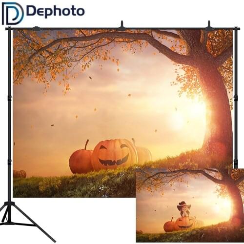 Dephoto Halloween Pumpkin Autumn Tree Fallen Leaves Photography Backgrounds child party Photographic Backdrop for Photo Studio