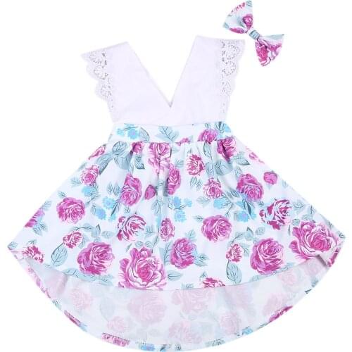 Kid Dress!! Infant Baby Kids Girls Outfits Flower Printed MIni Dress +Headband 2pcs Clothes Size 0-7T