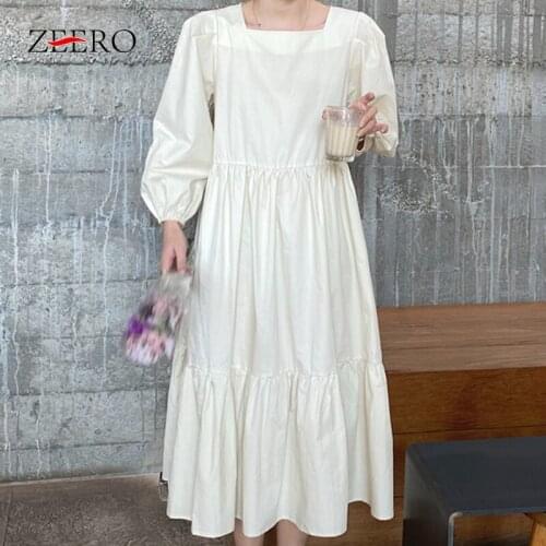 Spring Autumn Cotton Casual Vintage Loose Puff Dress Korean Women Fashion Square Collar Lantern Sleeve Solid Color Midi Dresses