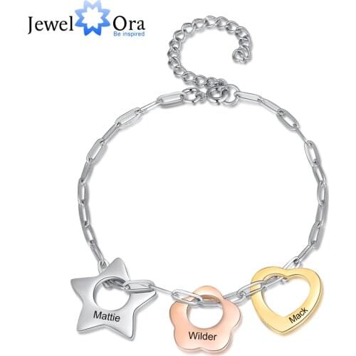 JewelOra Designer Personalized Engraving Name Link Chain Bracelet Custom 3 Colors Star Flower Heart Charm Bracelets Gift for Her