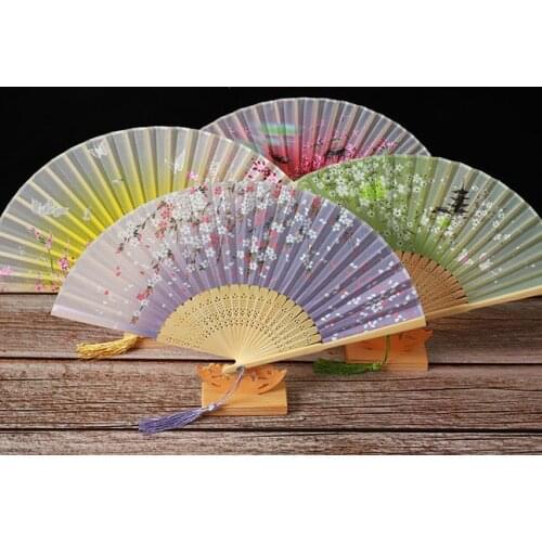 Classical Lady Silk Folding Fan Vintage Portable Folding Bamboo Fan Chinese Women Wedding Hanfu Cosplay Hand Ventilador Tassel