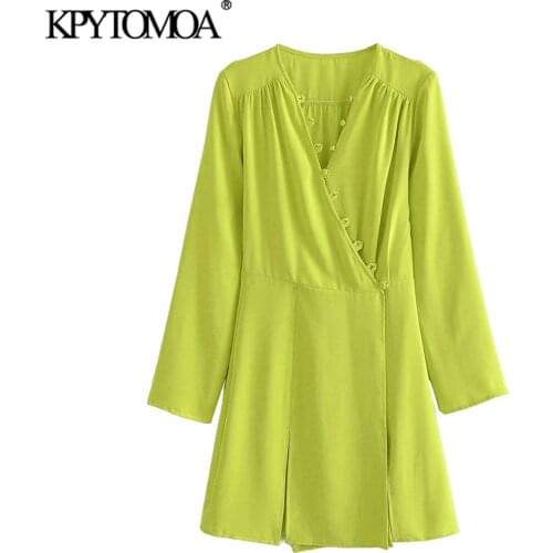 KPYTOMOA Women 2021 Fashion With Buttons Soft Touch Wrap Mini Dress Vintage Long Sleeve Slit Hem Female Dresses Vestidos Mujer