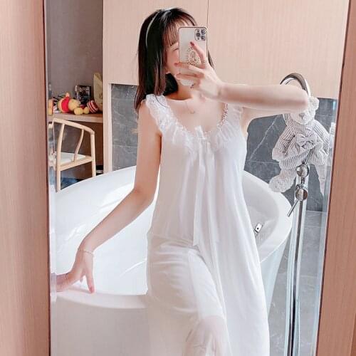 Lace Nightdress Womens Summer Korean Sexy Nightgown with Bra Fairy Mesh Home Dress Nightwear Female Sleepwear Sleeping Wear