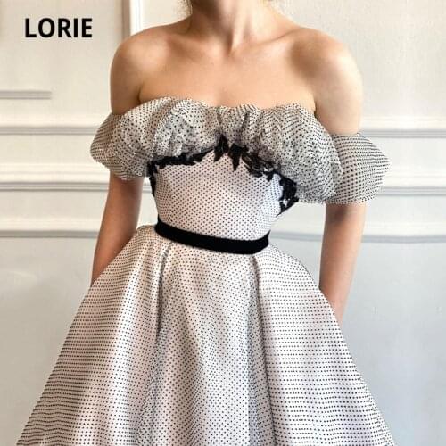 LORIE Arabic Prom Dresses Srapless A-Line Black Polka Dot Tea Length Evening Dresses Tulle Dubai A-Line Celebrity Party Dress