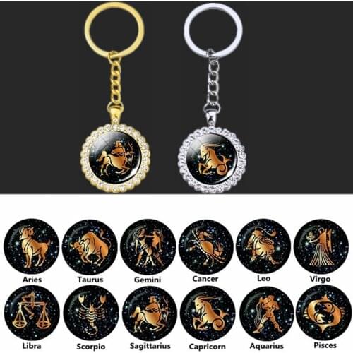 Fashion Luxury Rhinestone Keychain 12 Constellation Crystal Pendant Zodiac Sign Keyring Jewelry Car Keychain Bag Ornaments