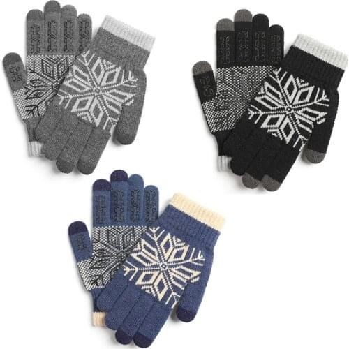 Men Winter Touch Screen Snowflake Knit Warm Gloves Plush Lining Non-Slip Mittens