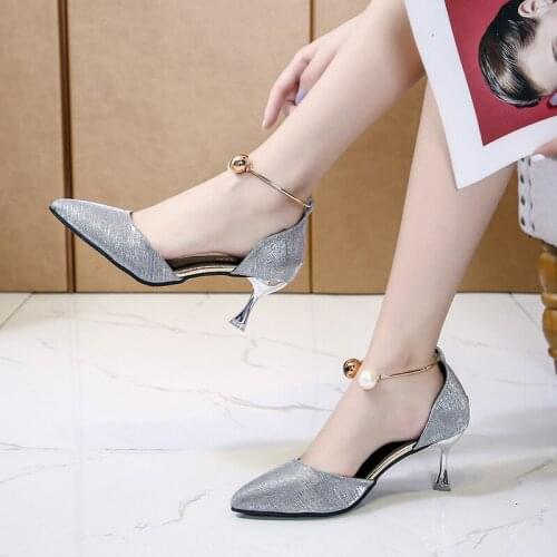 New Womens Korean Version of The Spring and Autumn New One-line Buckle Strap Rhinestone Stiletto High Heel Pointed Sandal 2021