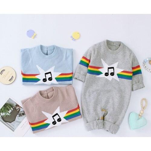 FOCUSNORM 0-18M Autumn Winter Baby Girls Boys Knit Romper Music Print Long Sleeve Warm Jumpsuits