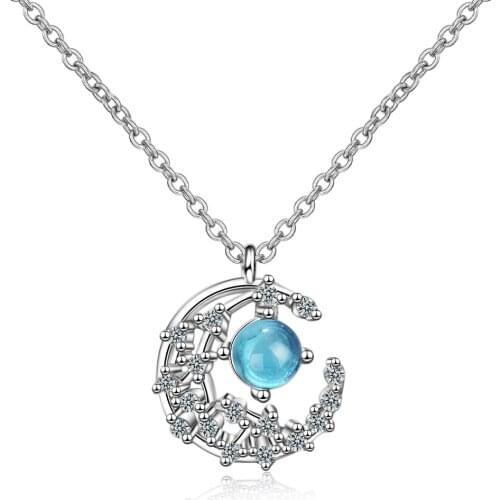 Fashion 925 Sterling Silver Moon Pendant Necklace With Blue Crystal Zirconia Clavicle Chain Necklace For Women S-N514