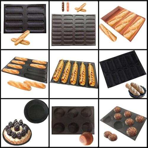 Meibum Perforated Bread Baking Mold Non Stick Glass Fiber Silicone Mould Hamburger Round Bun Tray Baguette Eclair Making Tools