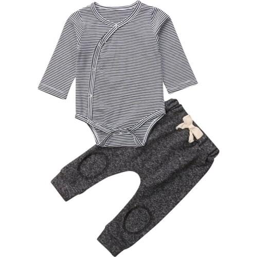 0-24M Newborn Infant Baby Boy Stripe Rompers Set 2PCS Autumn Long Sleeve Romper Tops+Pants Trousers Cotton Outfit